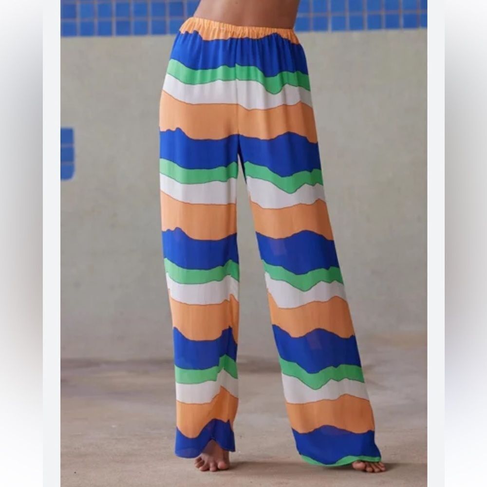 Pippa The Label Stripe Green & Orange Wide Leg Elastic Pants(Size Small)